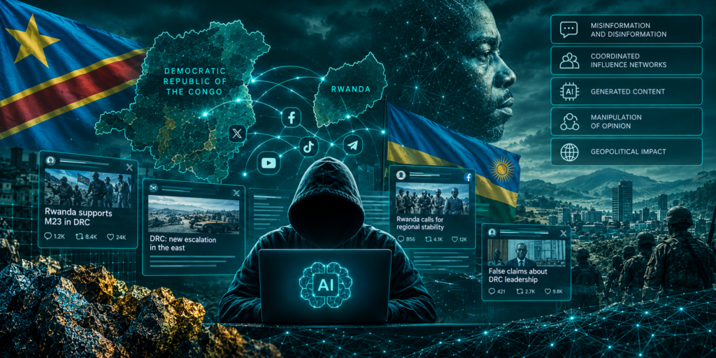تُظهر الخرائط الرقمية ومشاركات وسائل التواصل الاجتماعي والتكنولوجيا السمعية والبصرية الجغرافية السياسية شبكات التضليل المدفوعة بالذكاء الاصطناعي والتحكم المنسق في الكونغو الديمقراطية ورواندا.