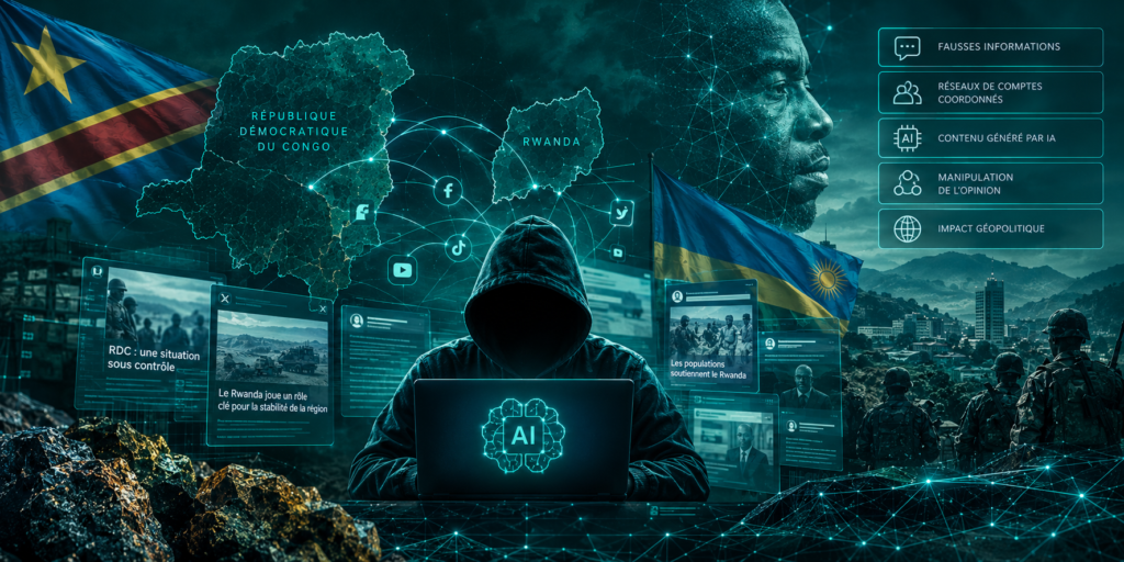 La désinformation alimentée par l’IA et les réseaux d’influence coordonnés en RDC et au Rwanda, illustrés par des cartes numériques, des publications sur les réseaux sociaux, des technologies d’IA et des images géopolitiques.