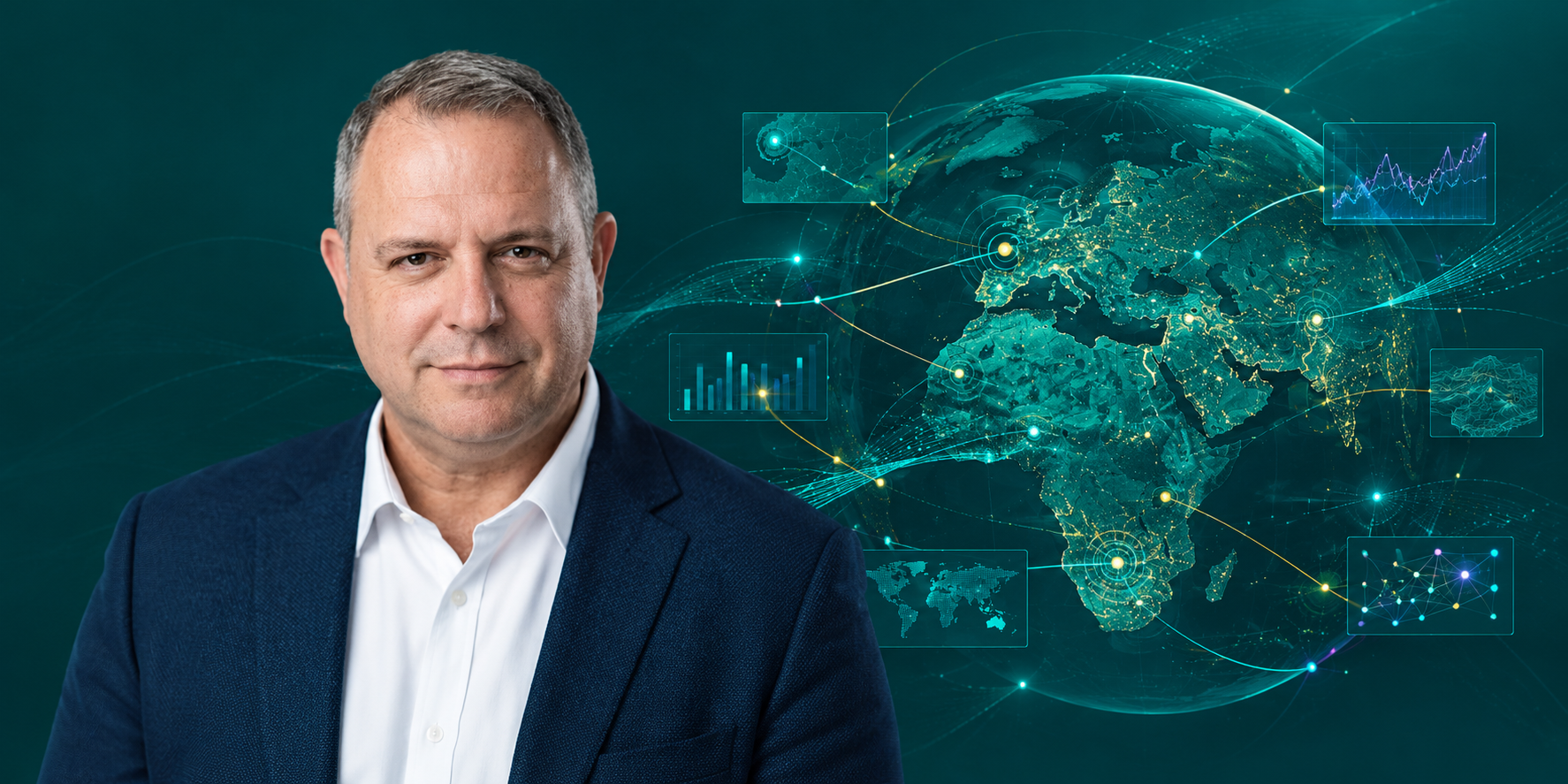 Political risk intelligence visualization featuring Tellurian Research founder Arnon Epstein and a global geopolitical data network