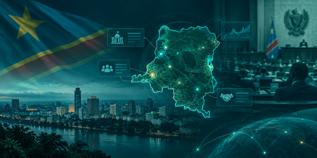 Political risk analysis in the Democratic Republic of the Congo featuring a digital map of the DRC, the national flag, Kinshasa’s skyline and a parliamentary chamber.