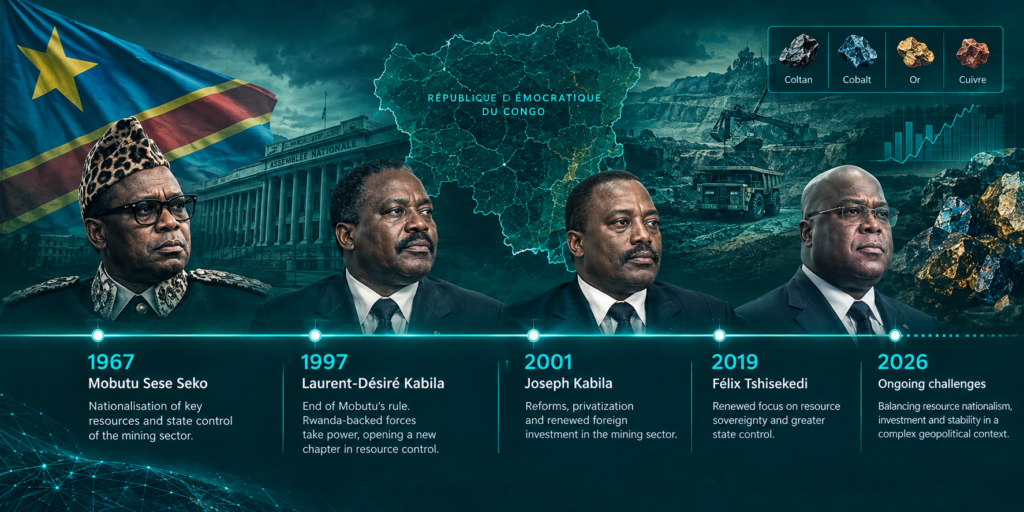 Timeline of resource nationalism in the Democratic Republic of the Congo, featuring Mobutu Sese Seko, Laurent-Désiré Kabila, Joseph Kabila and Félix Tshisekedi, alongside mining and mineral resources.
